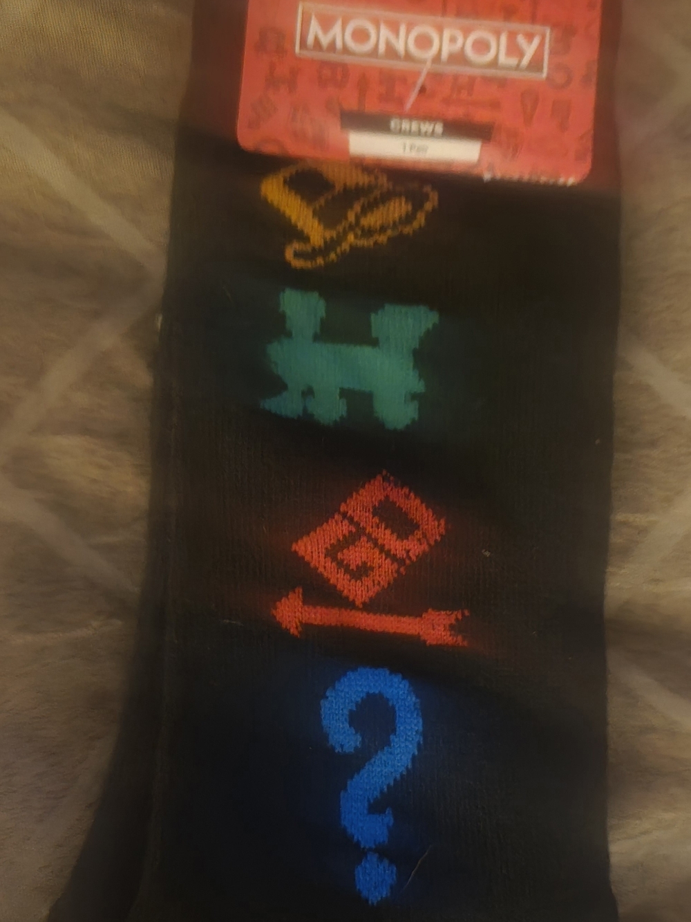 Men’s Black Crew Socks with Colorful Monopoly Game Icons-NWT!